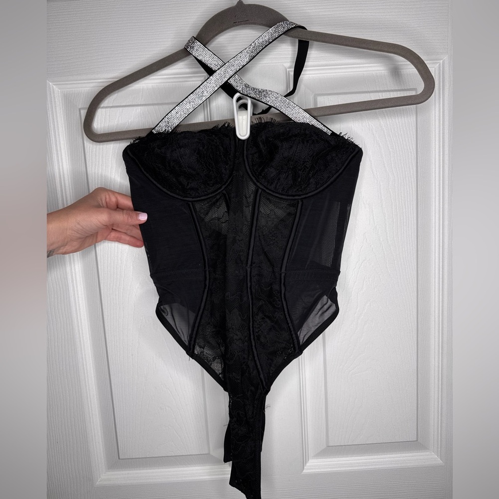 Victoria's Secret Black Lace Bodysuit with Removable Glitter Straps
